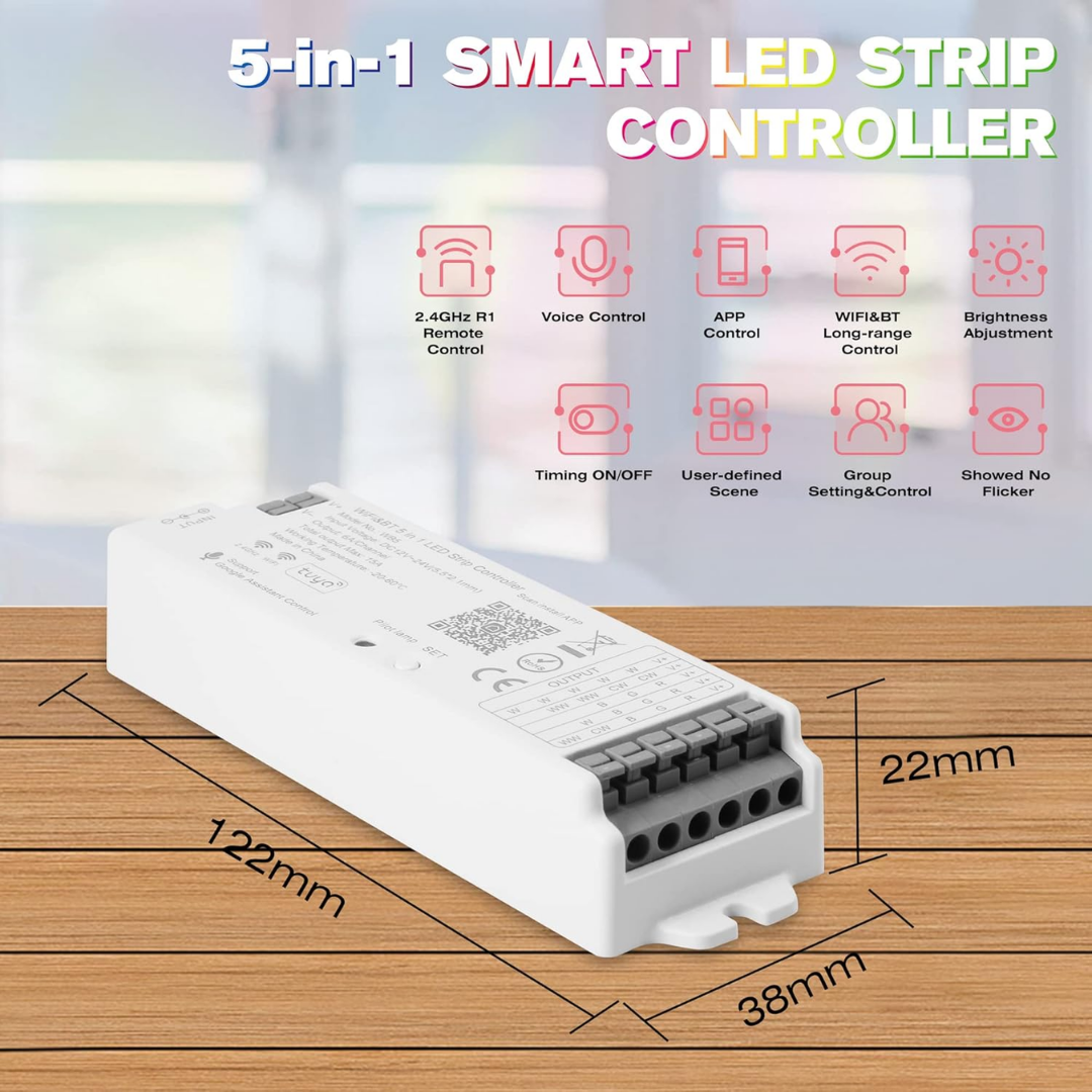 WiFi RF Bluetooth 5-in-1 LED Strip Controller 12V-24V RGB+CCT RGBW Smart Light Controller with Tuya, Alexa Smart Life for strip light