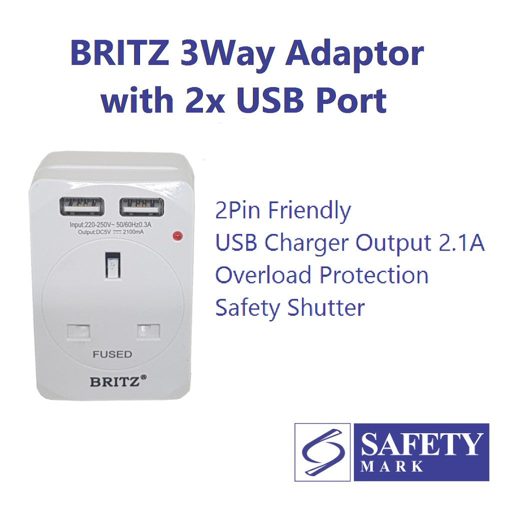 Britz 13A 3 Way Adaptor with 2 x USB Port USB A USB C (Safety Mark) 4HOME SINGAPORE - 4HOME