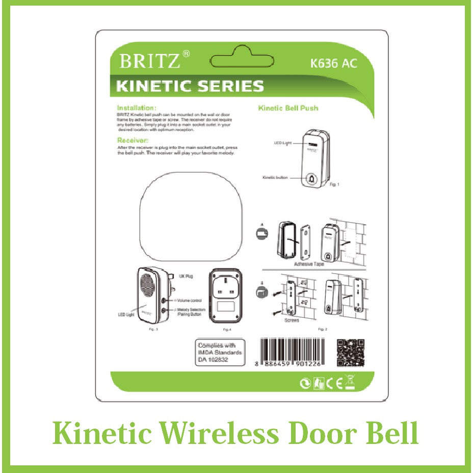 Britz Wireless Battery-Free Kinetic Doorbell Door Bell Chime Set 4HOME SINGAPORE - 4HOME