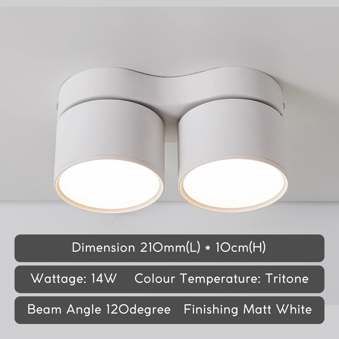 DUO Diffused Double Head Rotatable Surface Downlight with Adjustable Angle 14W Tritone LED Ceiling Light