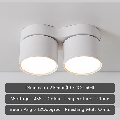 DUO Diffused Double Head Rotatable Surface Downlight with Adjustable Angle 14W Tritone LED Ceiling Light
