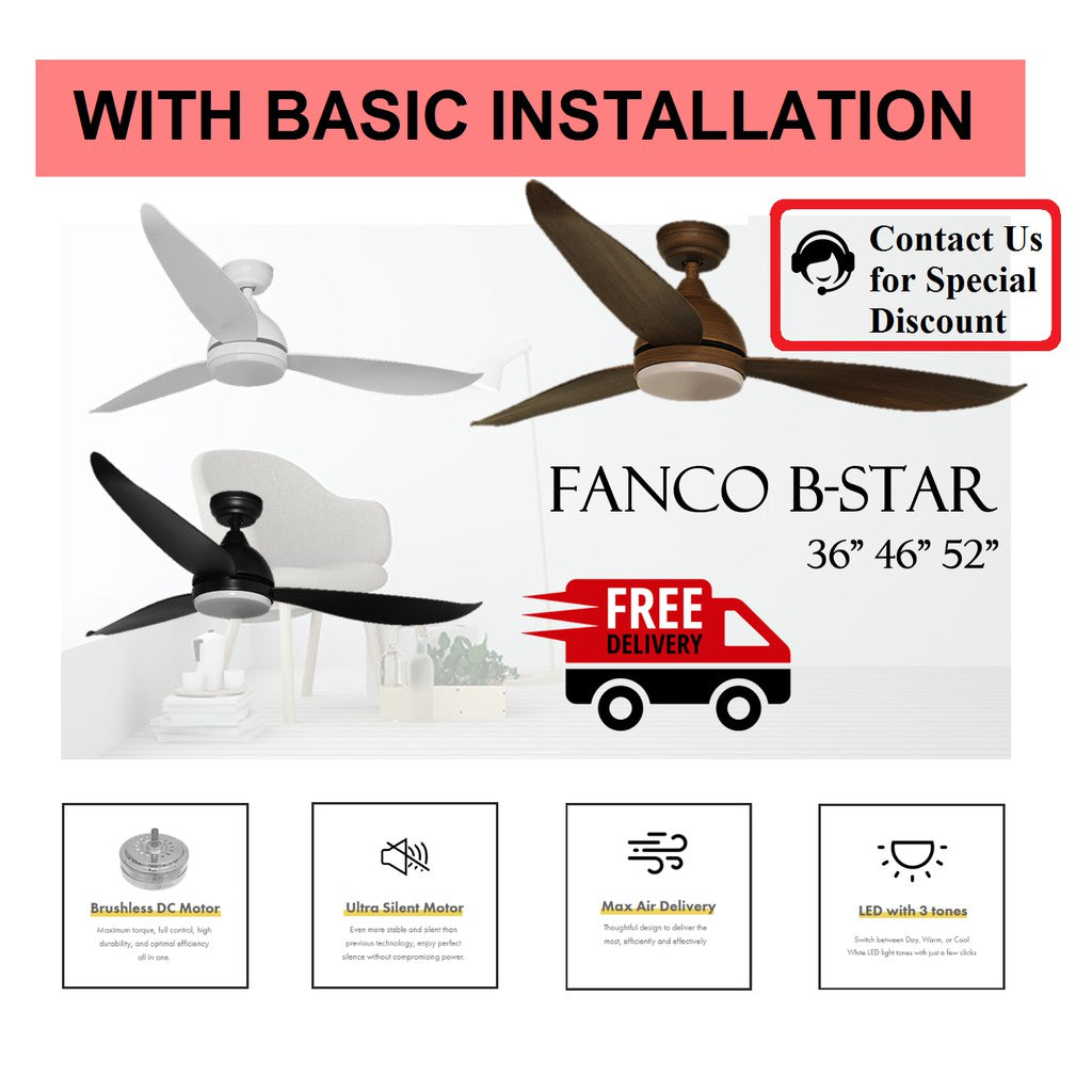 Fanco B-Star Ceiling Fan with 24W LED Light 36 / 46 / 52 inch BStar B Star with basic installation 4HOME SINGAPORE - 4HOME