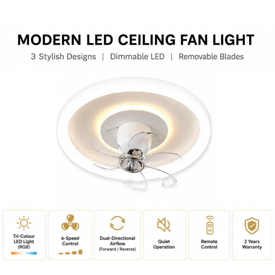 Modern LED Ceiling Fan Light with Removable Blades | 40W Tri-Colour RGB LED | 6-Speed Air Circulator | Remote Control | Forward & Reverse Mode | 2 Years Warranty