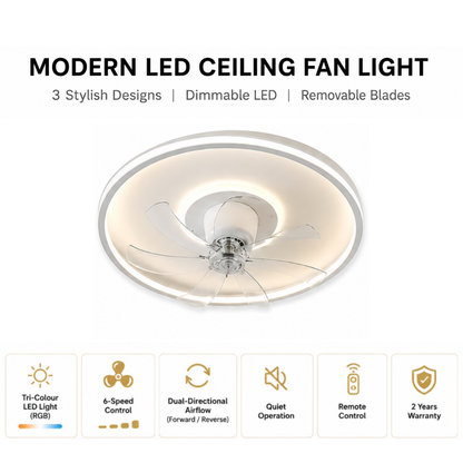 Modern LED Ceiling Fan Light with Removable Blades | 40W Tri-Colour RGB LED | 6-Speed Air Circulator | Remote Control | Forward & Reverse Mode | 2 Years Warranty