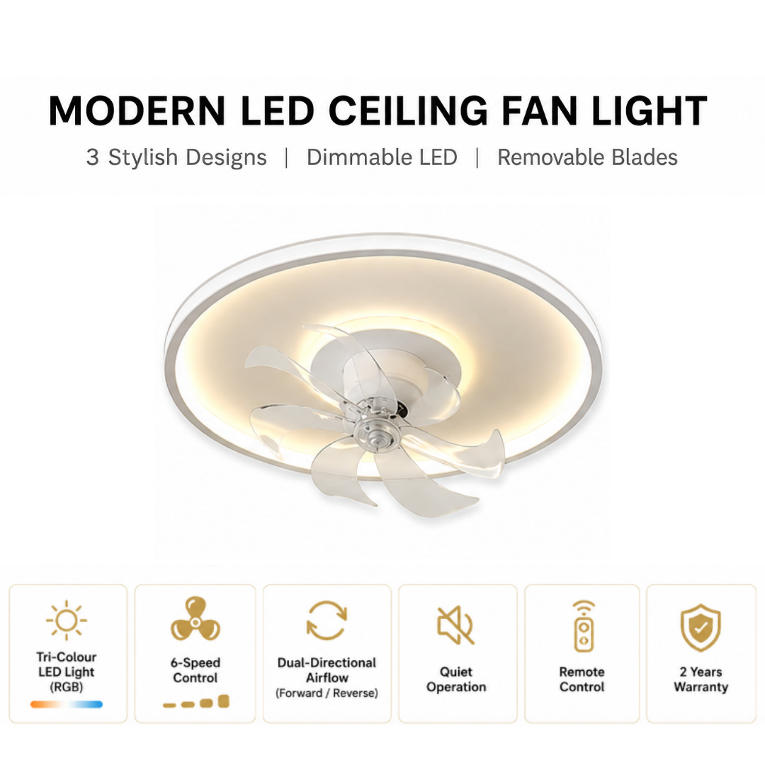 Modern LED Ceiling Fan Light with Removable Blades | 40W Tri-Colour RGB LED | 6-Speed Air Circulator | Remote Control | Forward & Reverse Mode | 2 Years Warranty