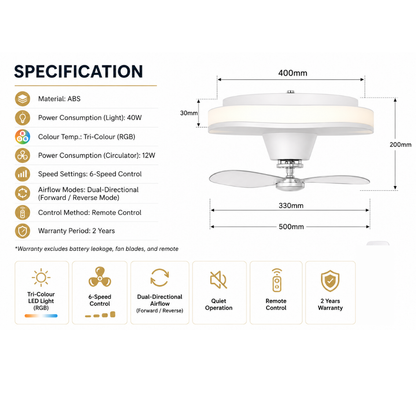 Modern LED Ceiling Fan Light with Removable Blades | 40W Tri-Colour RGB LED | 6-Speed Air Circulator | Remote Control | Forward & Reverse Mode | 2 Years Warranty
