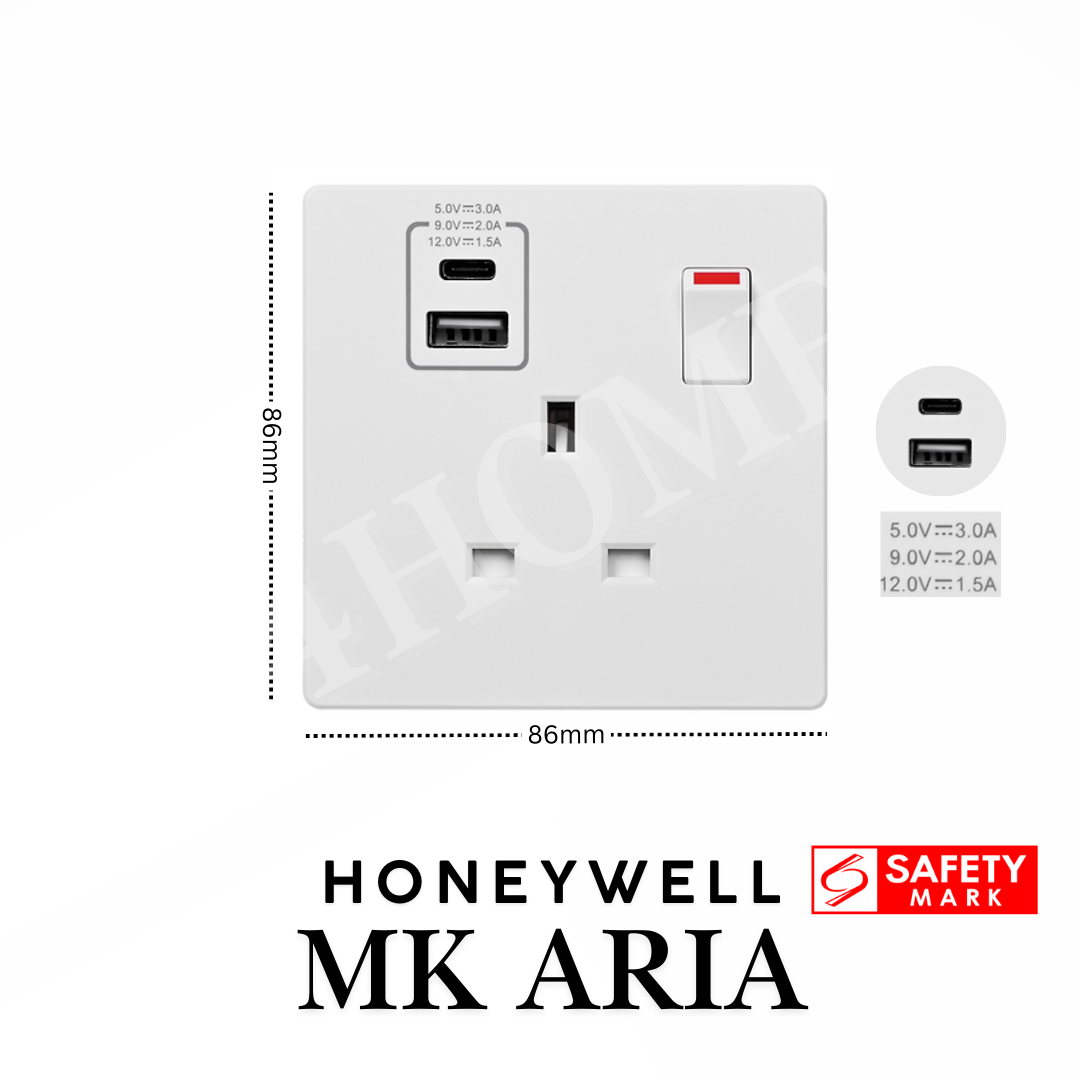 Honeywell MK Aria Single Double 13A Socket with USB A C Safety Mark Rose Gold Grey Black White 4HOME SINGAPORE - 4HOME