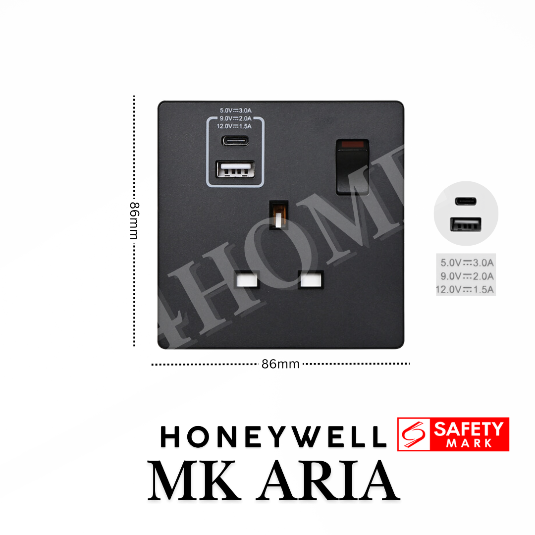 Honeywell MK Aria Single Double 13A Socket with USB A C Safety Mark Rose Gold Grey Black White 4HOME SINGAPORE - 4HOME