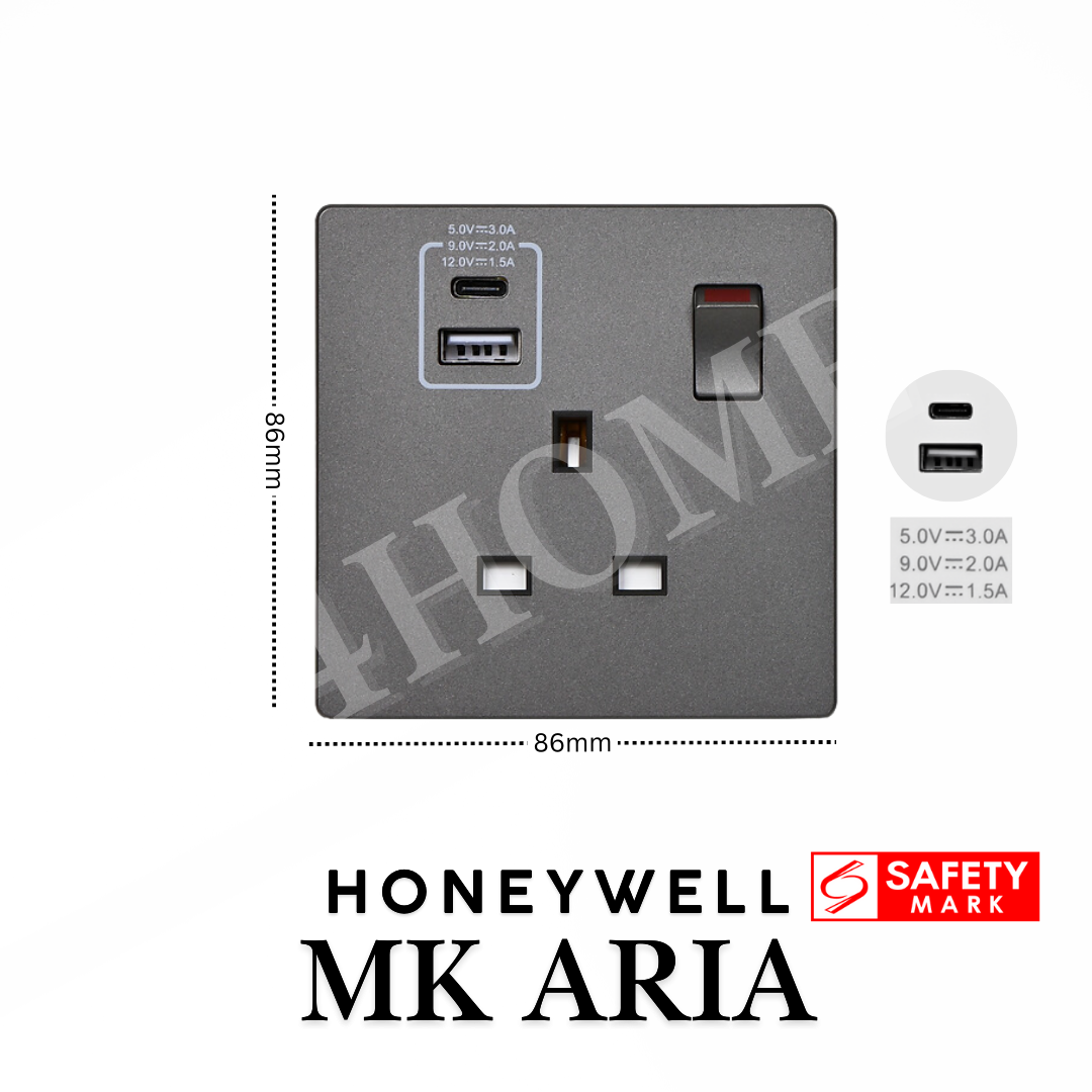 Honeywell MK Aria Single Double 13A Socket with USB A C Safety Mark Rose Gold Grey Black White 4HOME SINGAPORE - 4HOME