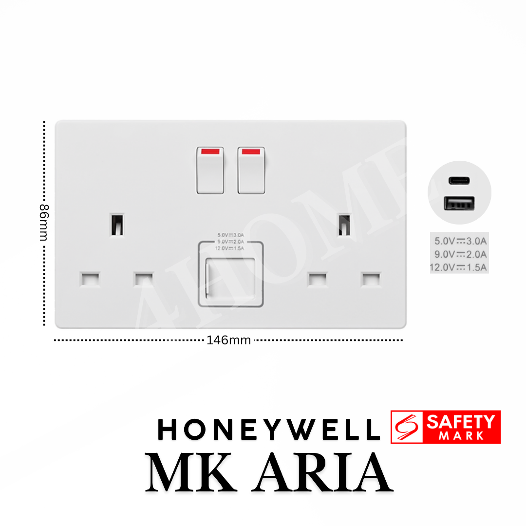 Honeywell MK Aria Single Double 13A Socket with USB A C Safety Mark Rose Gold Grey Black White 4HOME SINGAPORE - 4HOME