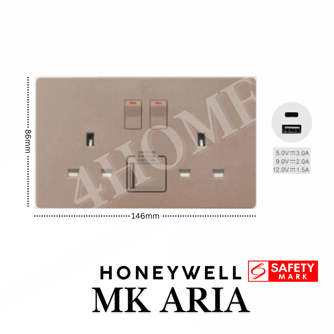 Honeywell MK Aria Single Double 13A Socket with USB A C Safety Mark Rose Gold Grey Black White 4HOME SINGAPORE - 4HOME