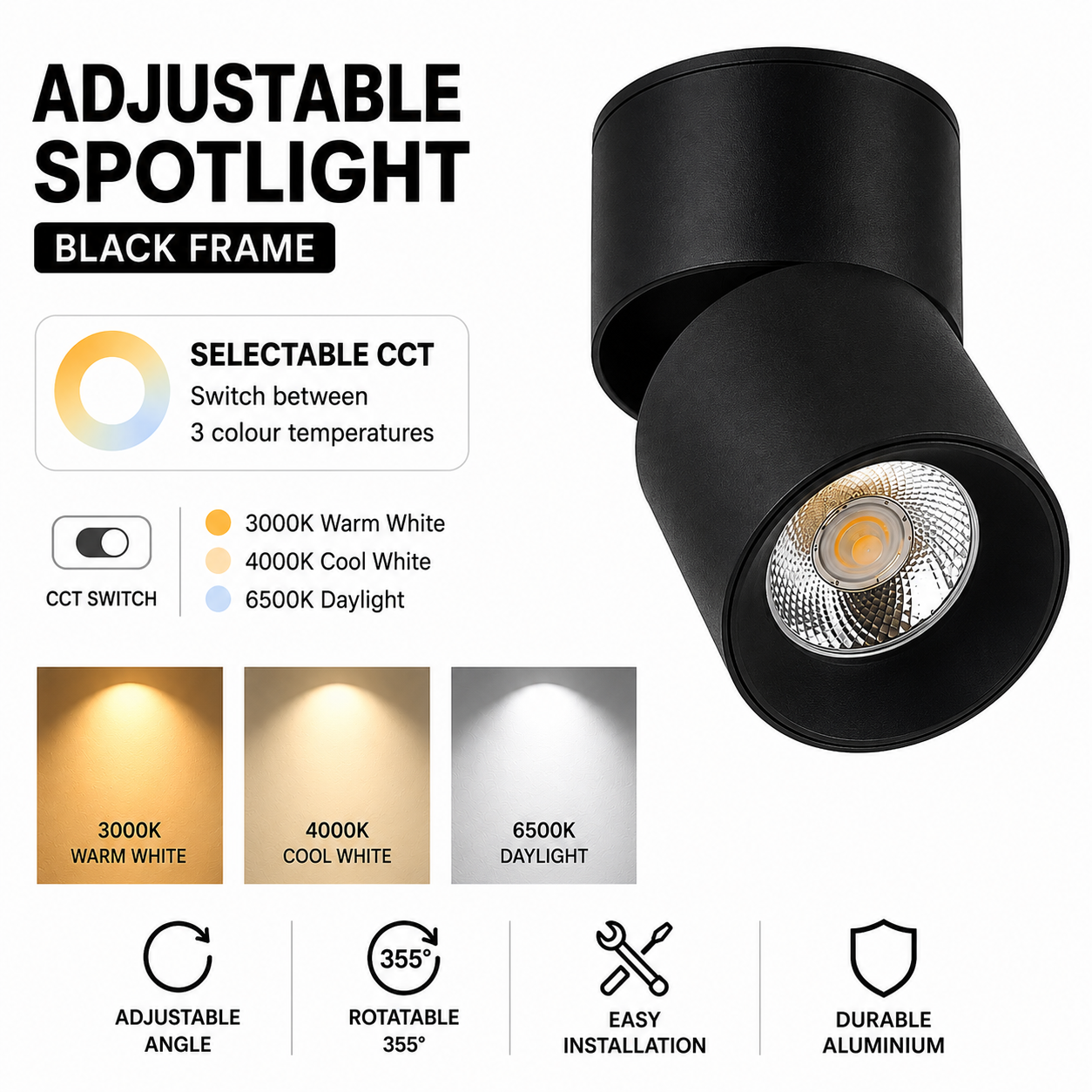 Black surface spotlight rotatable and adjustable with selectable colour temperature