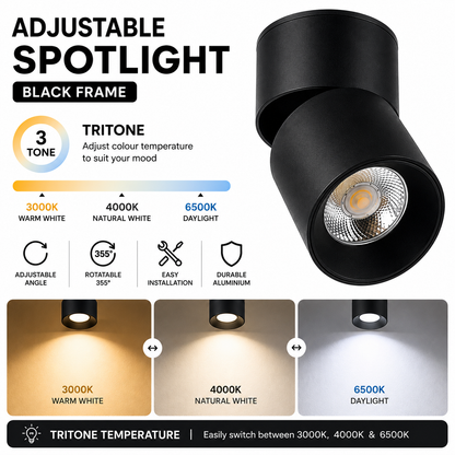 Minimalist Adjustable Surface Spotlight LED Surface Downlight 12W Tri-Tone CCT 355° Rotatable
