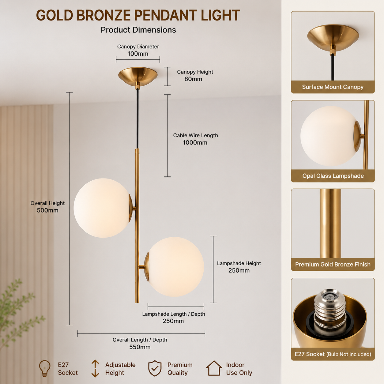 measurement for 2head globe pendant light