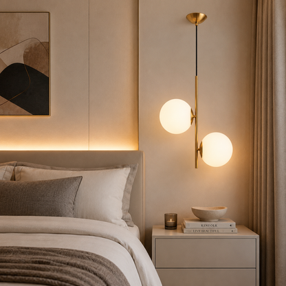Modern Gold Bronze 2-Globe Pendant Light installed at bedside