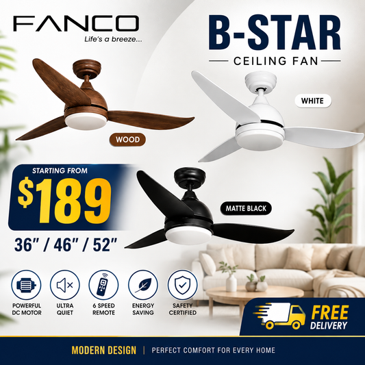 Fanco Bstar ceiling fan with light wood black white