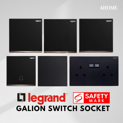 Legrand Galion black switch sockets with safety mark