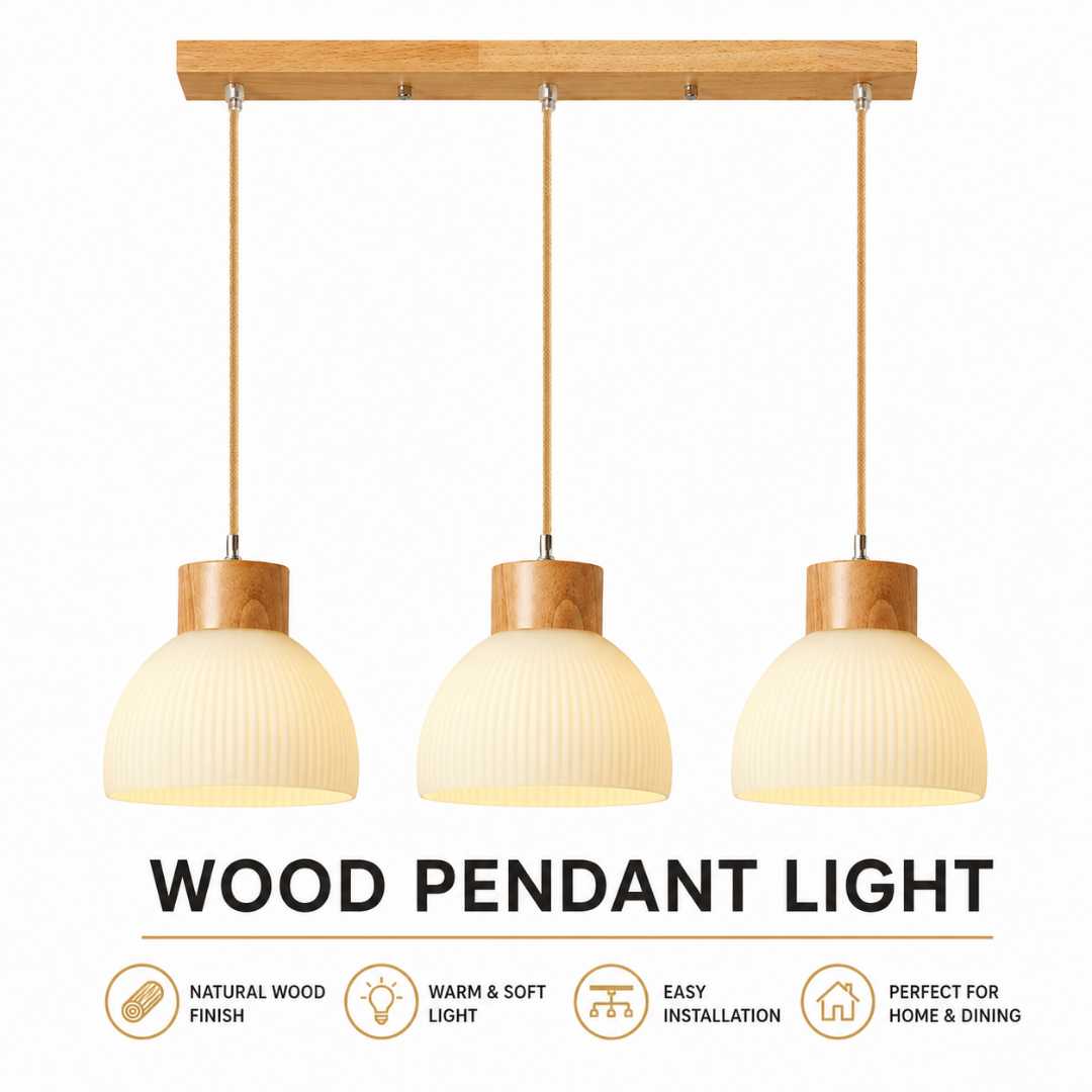 Light wood 3 head pendant e27