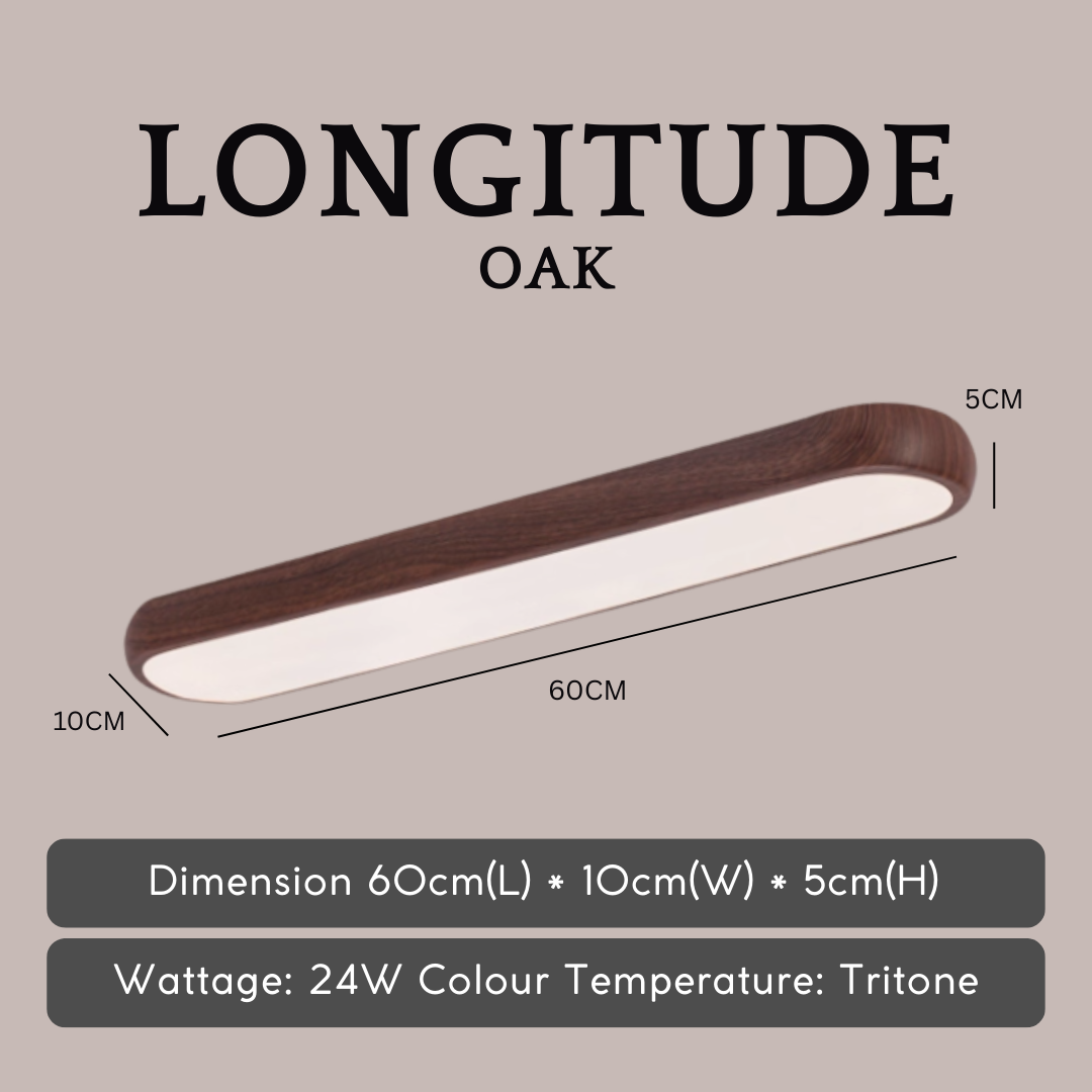 Longitude dark wood Oak linear oval shaped led ceiling light