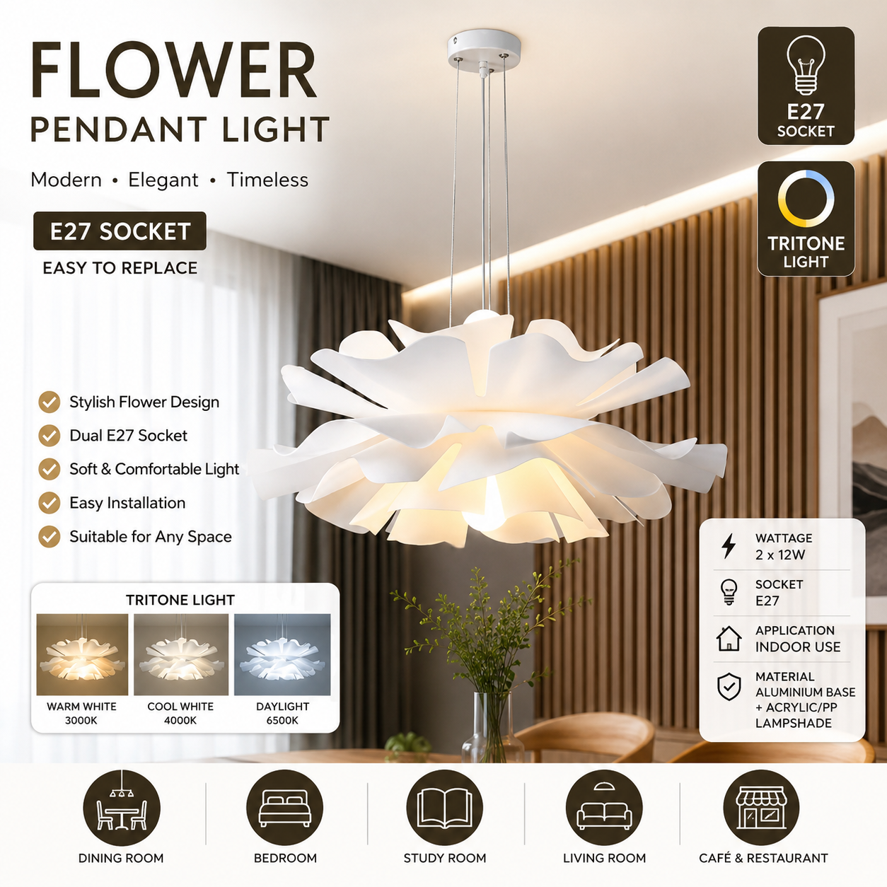 Modern White Flower Pendant Light – Elegant E27 LED Ceiling Hanging Lamp