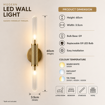 Premium Modern LED textured gold wall light with g9 bulb dimension