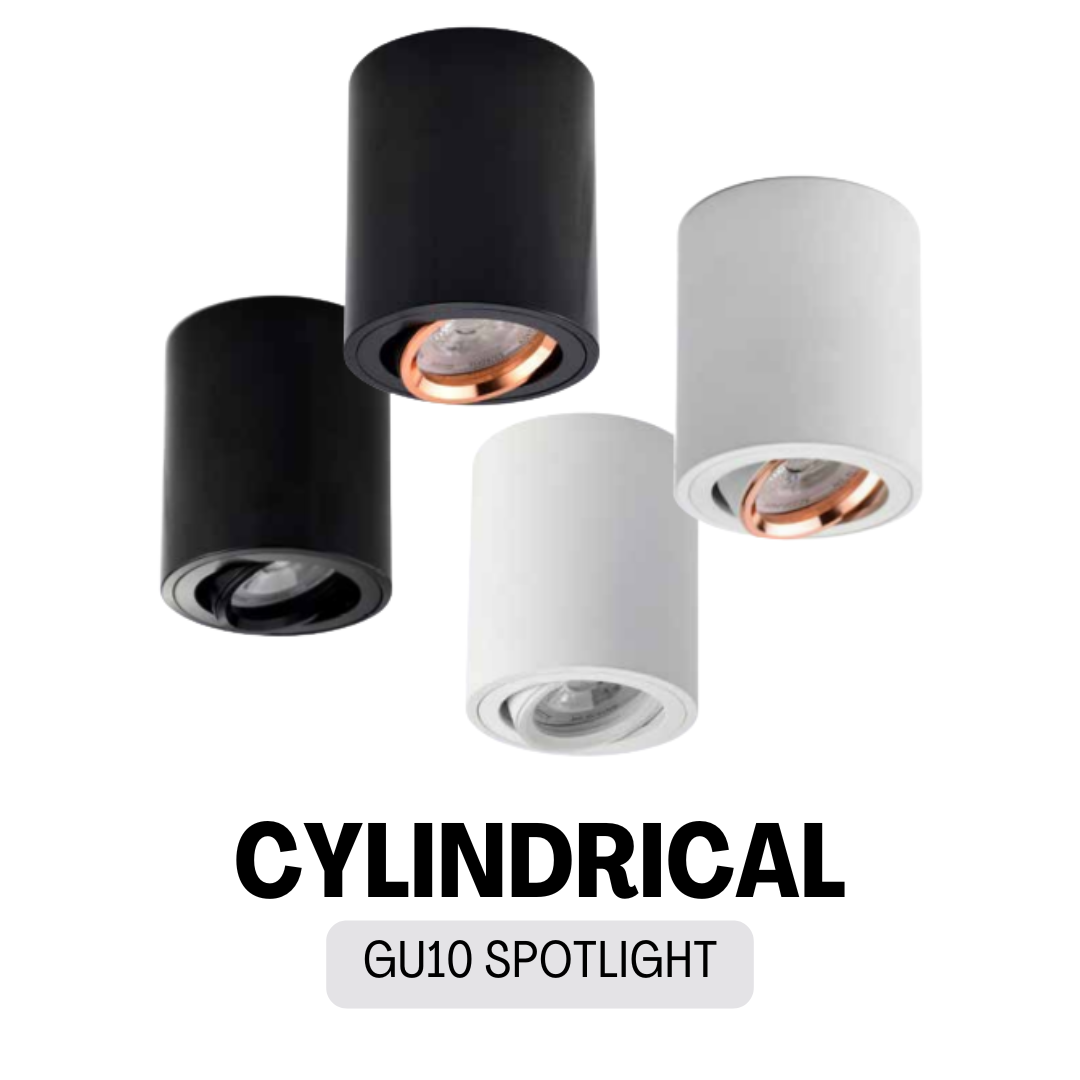 Premium cylindrical adjustable GU10 spotlight in black, white and rose gold finish
