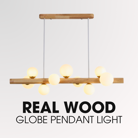 Scandinavian 9 Heads Modern Glass Globe Solid Wood Linear Pendant Light Island Dining Table