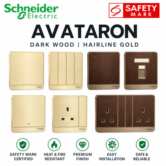 Schneider Electric Avataron dark wood and hairline gold electrical switch plates with singapore Safety Mark