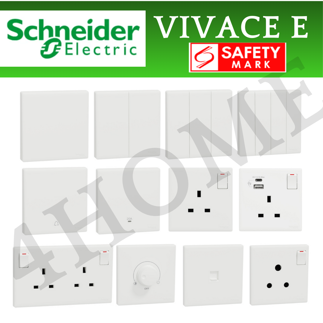 Collection of Schneider Electric Vivace E switches and sockets with safety mark on a white background