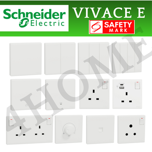 Collection of Schneider Electric Vivace E switches and sockets with safety mark on a white background
