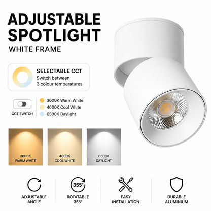 White surface spotlight rotatable and adjustable with selectable colour temperature