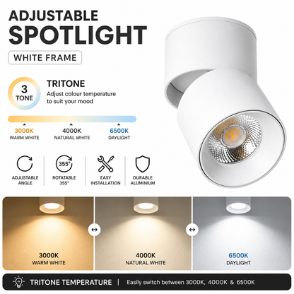 White surface spotlight rotatable and adjustable with tritone