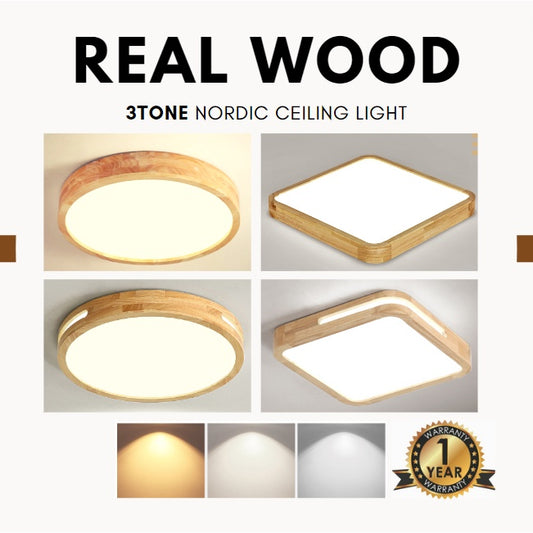 1YEAR WARRANTY Real Wood Nordic Minimal LED Ceiling Light Wood Frame Tritone Macaron 4HOME SINGAPORE - 4HOME