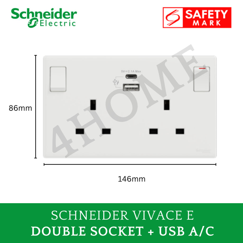 Schneider Vivace E White Single Double Socket with USB A USB C– Singapore Safety Mark Frameless Design