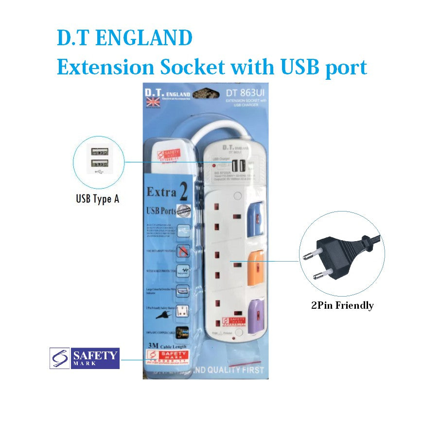 D.T. ENGLAND 3way 4way Extension Socket with USB Port [Safety Mark] 4HOME SINGAPORE - 4HOME
