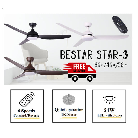 Bestar Star-3 Ceiling Fan with 24W LED Light 36inch 46inch 56inch 36" 46" 56" STAR3 4HOME SINGAPORE - 4HOME