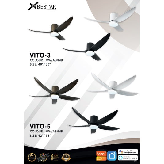 BESTAR Designer Hugger Smart Wifi Controlled Ceiling Fan VITO 3 VITO 5 DC Motor 40" 42" 50" 52" 3blades 5blades 4HOME SINGAPORE - 4HOME