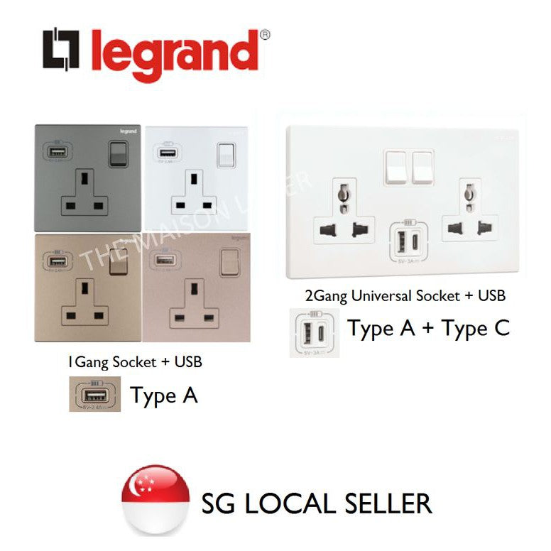 Legrand Galion Socket with USB Champagne Rose Gold Dark Silver White Matt Black 4HOME SINGAPORE - 4HOME