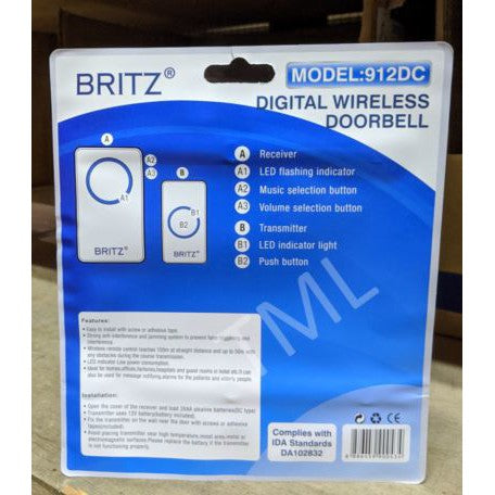 BRITZ Wireless Doorbell Set 912DC Transmitter Receiver 100M HDB BTO CONDO LANDED Door Bell Chime set 4HOME SINGAPORE - 4HOME
