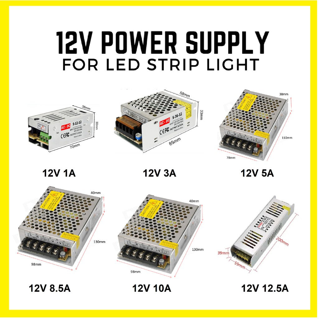 Power Supply Striplight LED Driver 12V 1A 3A 5A 8.5A 10A 12.5A 16.5A 30A 12W 36W 60W 100W 120W 150W 200W 360W 4HOME SINGAPORE - 4HOME