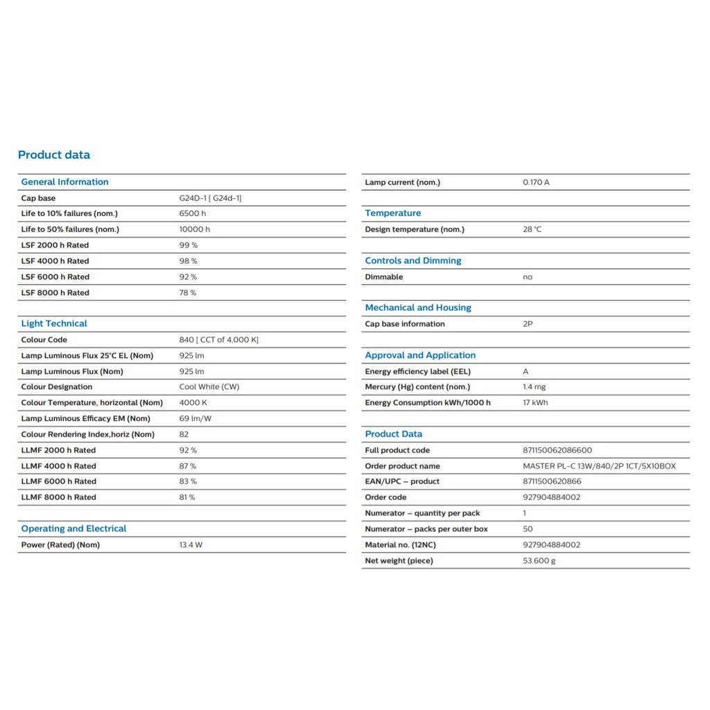 Philips Master PL-C / PLC 2 Pin 2P 13W 18W Light Tube 827 840 865 4HOME SINGAPORE - 4HOME