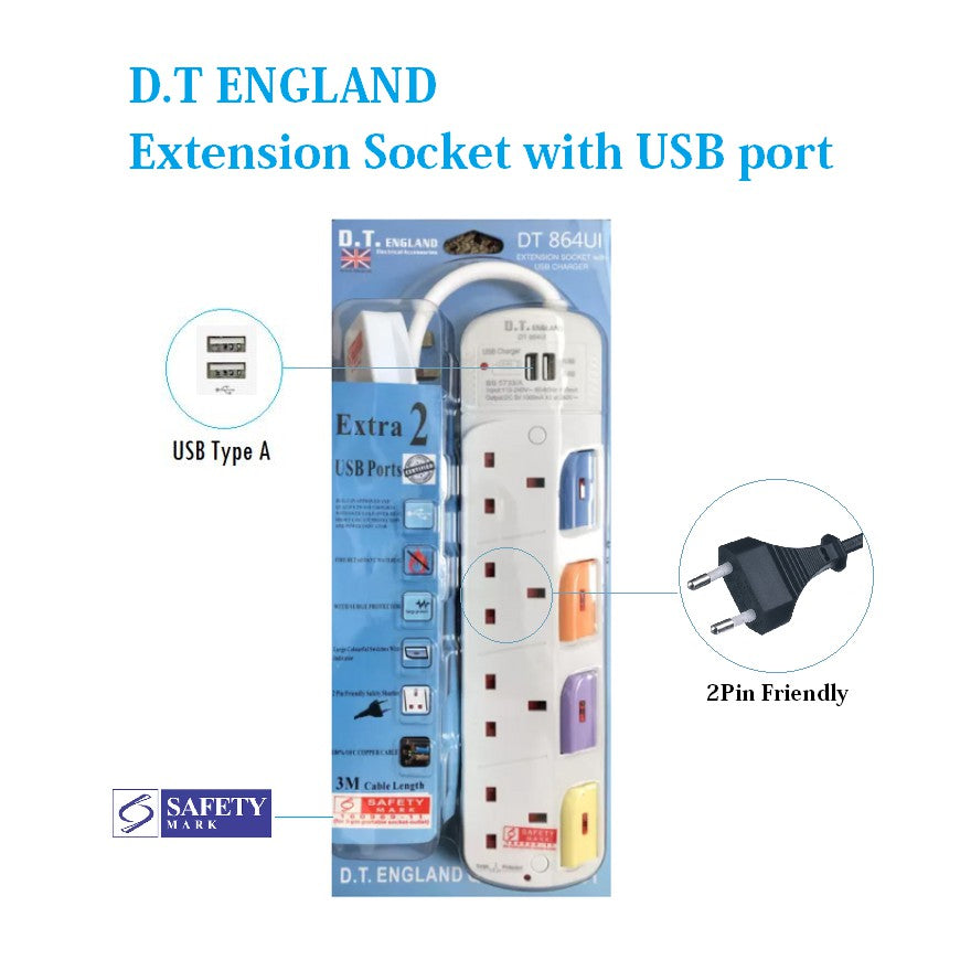 D.T. ENGLAND 3way 4way Extension Socket with USB Port [Safety Mark] 4HOME SINGAPORE - 4HOME