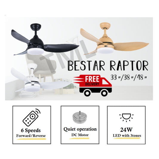Bestar Raptor Ceiling Fan with 24W LED Light 33inch 38inch 48inch 33" 38" 48" 4HOME SINGAPORE - 4HOME