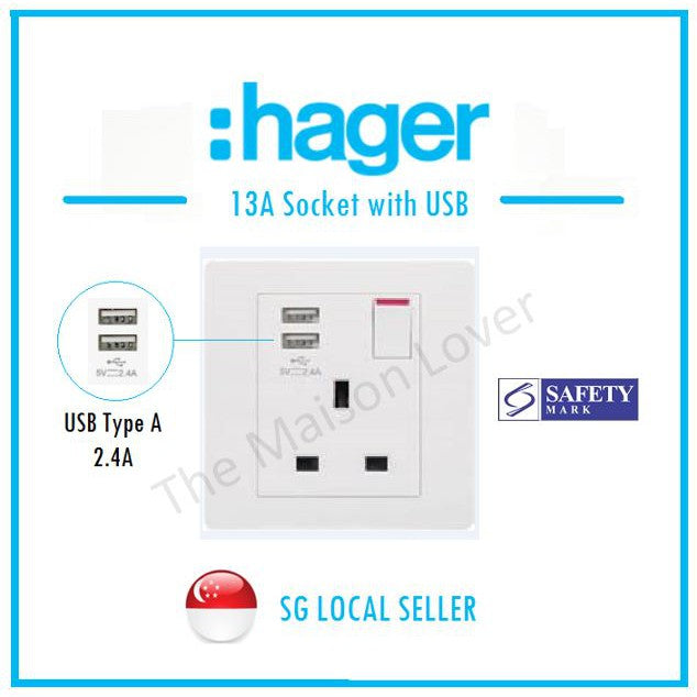 Hager 13A Socket with USB (Safety Mark) 4HOME SINGAPORE - 4HOME