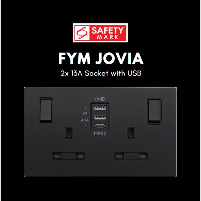 FYM Jovia 2x13A Double Socket with USB Singapore Safety Mark Matt Black Grey White 4HOME SINGAPORE - 4HOME