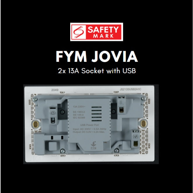 FYM Jovia 2x13A Double Socket with USB Singapore Safety Mark Matt Black Grey White 4HOME SINGAPORE - 4HOME