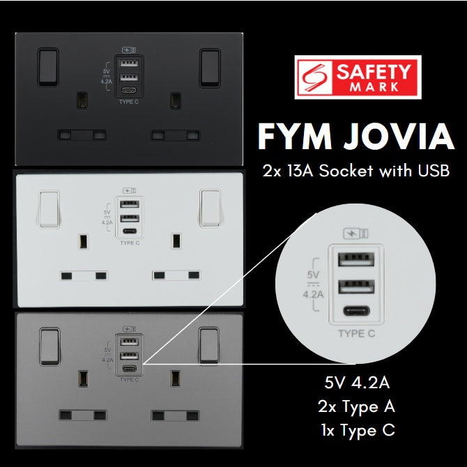 FYM Jovia 2x13A Double Socket with USB Singapore Safety Mark Matt Black Grey White 4HOME SINGAPORE - 4HOME