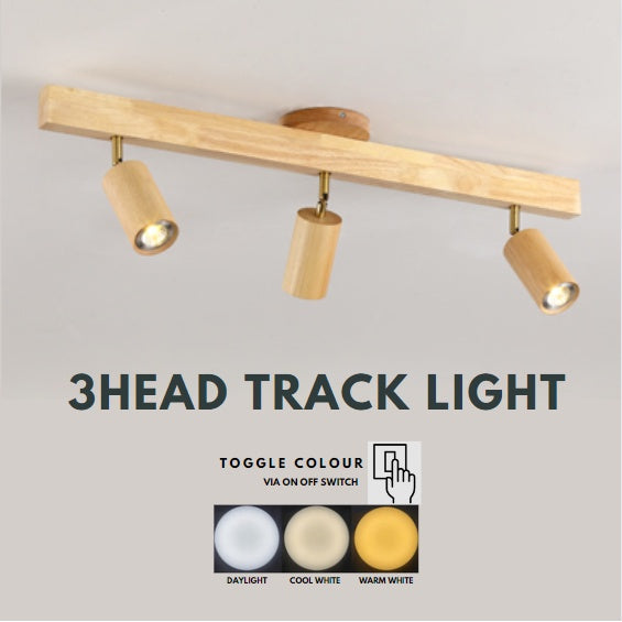 Nordic Real Wood LED Track Light 3 head Spotlight Tri-tone 21W Japanese Style 4HOME SINGAPORE - 4HOME
