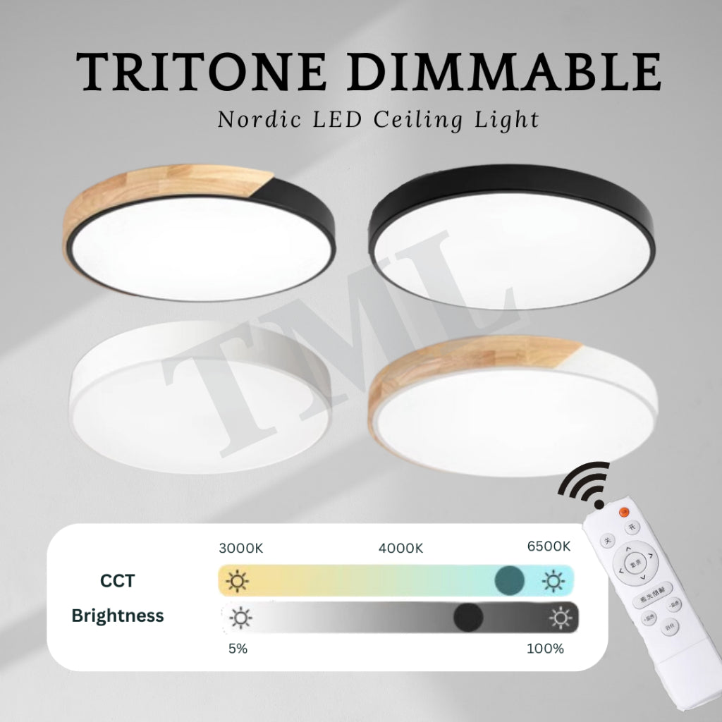 Nordic LED Ceiling Light Black White with Half Wood Dimmable with Remote Control 4HOME SINGAPORE - 4HOME