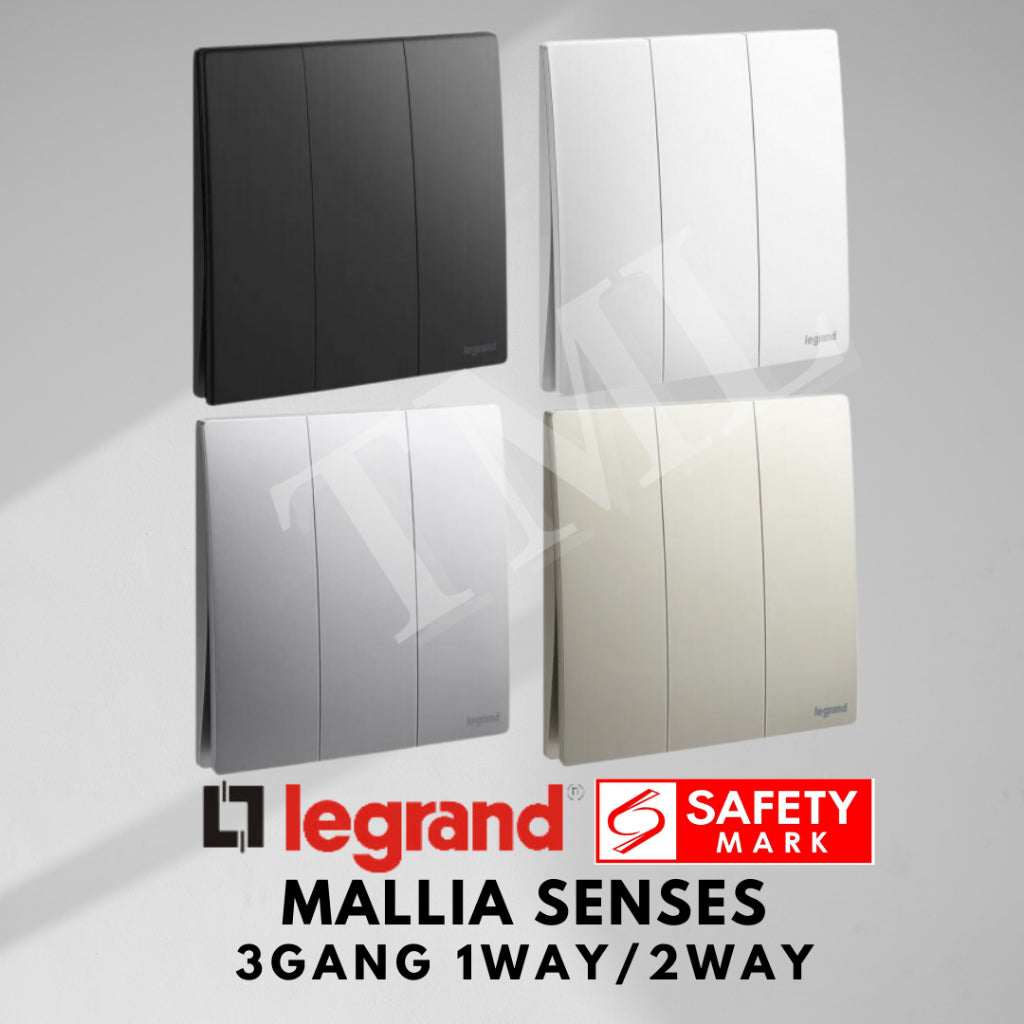 Legrand Mallia Senses 3Gang 1Way 2Way 3G1W 3G2W Switch Designer Matt Black Silver Champagne 4HOME SINGAPORE - 4HOME